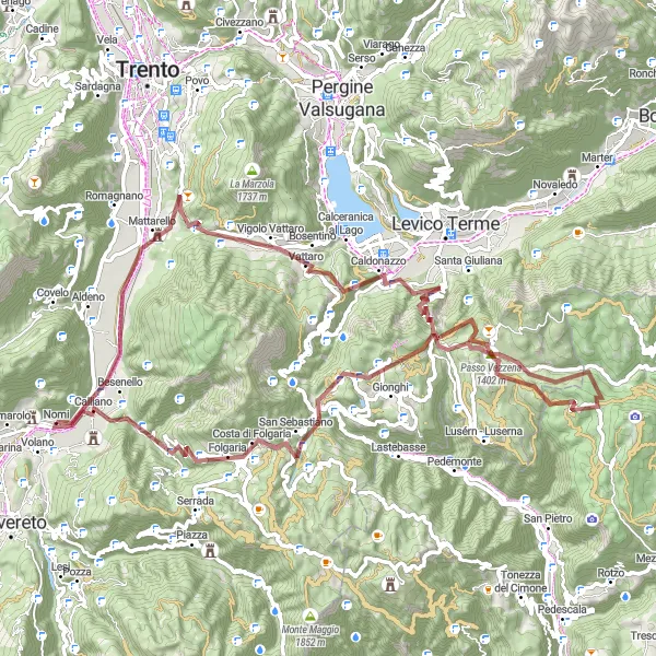 Miniatura della mappa di ispirazione al ciclismo "Percorso in Gravel Besenello - Biotopo Taio" nella regione di Provincia Autonoma di Trento, Italy. Generata da Tarmacs.app, pianificatore di rotte ciclistiche