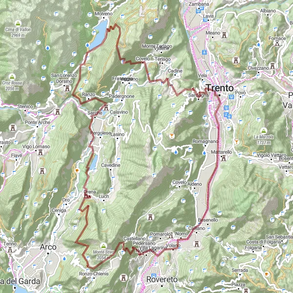 Miniatuurkaart van de fietsinspiratie "Gravelroute door Nogaredo en Monte Ranzo" in Provincia Autonoma di Trento, Italy. Gemaakt door de Tarmacs.app fietsrouteplanner