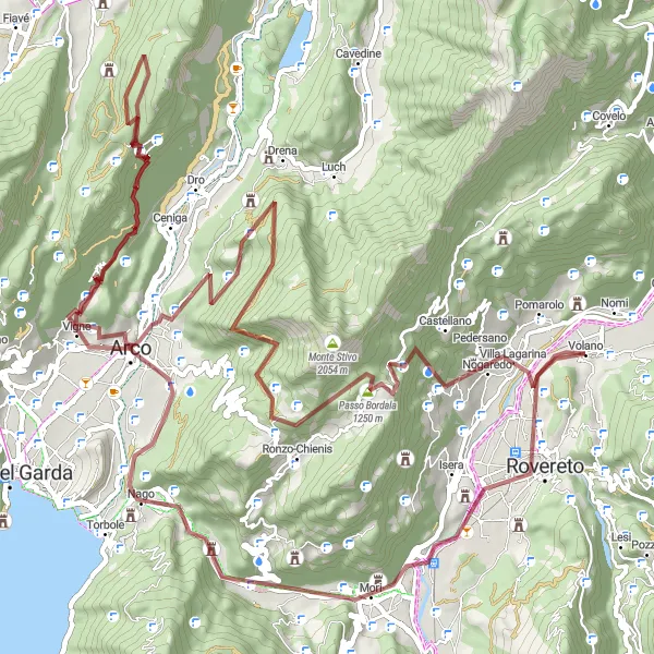 Miniatura della mappa di ispirazione al ciclismo "Giro in Gravel delle Dolomiti di Brenta" nella regione di Provincia Autonoma di Trento, Italy. Generata da Tarmacs.app, pianificatore di rotte ciclistiche