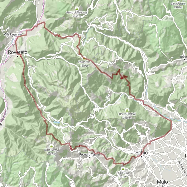Map miniature of "Gravelling Through Mountains" cycling inspiration in Provincia Autonoma di Trento, Italy. Generated by Tarmacs.app cycling route planner