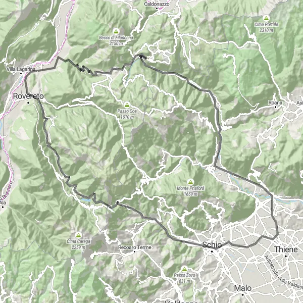 Karttaminiaatyyri "Alppien kierros" pyöräilyinspiraatiosta alueella Provincia Autonoma di Trento, Italy. Luotu Tarmacs.app pyöräilyreittisuunnittelijalla