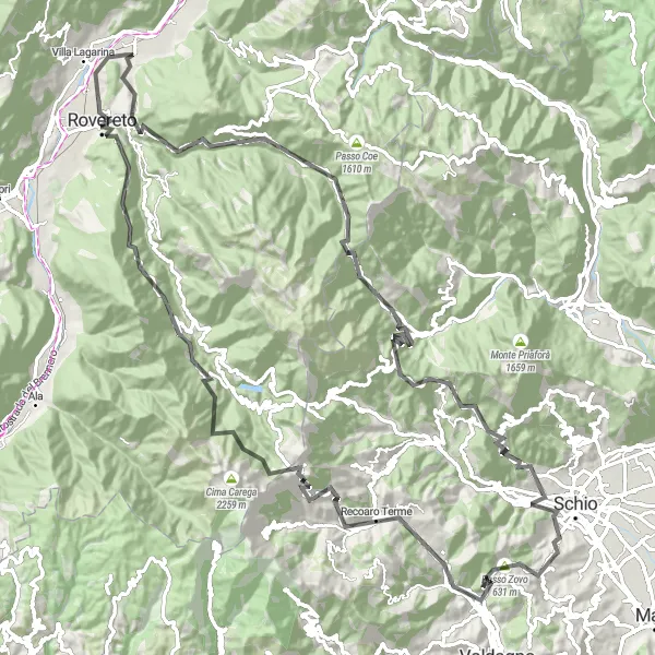Map miniature of "The Mountain Challenge" cycling inspiration in Provincia Autonoma di Trento, Italy. Generated by Tarmacs.app cycling route planner