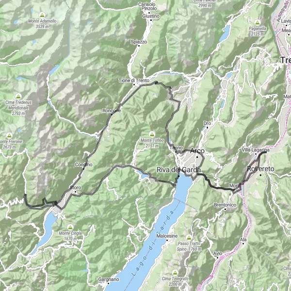 Miniature de la carte de l'inspiration cycliste "Tour des Lacs de Trentino" dans la Provincia Autonoma di Trento, Italy. Générée par le planificateur d'itinéraire cycliste Tarmacs.app