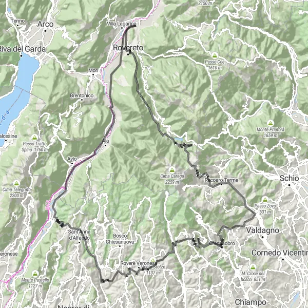 Miniatura della mappa di ispirazione al ciclismo "Sfida Ciclistica tra le Montagne Trentine" nella regione di Provincia Autonoma di Trento, Italy. Generata da Tarmacs.app, pianificatore di rotte ciclistiche