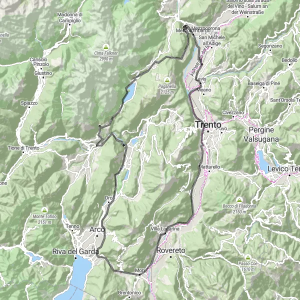 Map miniature of "Mountains and Villages" cycling inspiration in Provincia Autonoma di Trento, Italy. Generated by Tarmacs.app cycling route planner