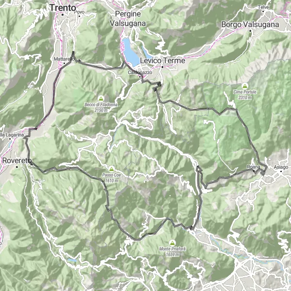 Miniaturekort af cykelinspirationen "Landevejsrute gennem Trento dalene" i Provincia Autonoma di Trento, Italy. Genereret af Tarmacs.app cykelruteplanlægger