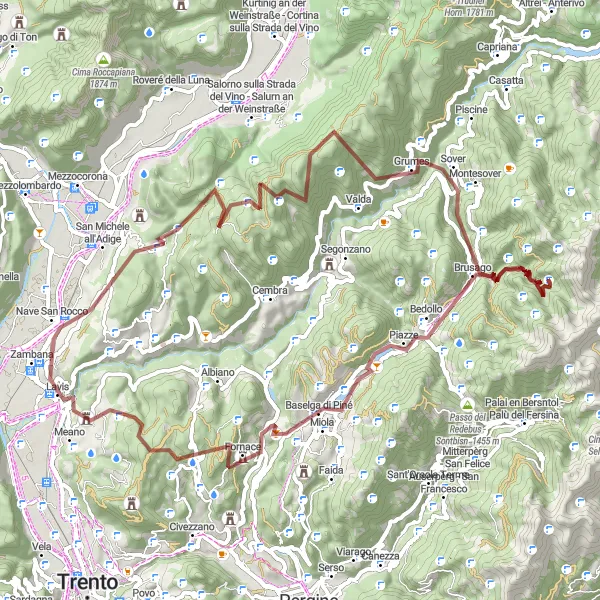 Karttaminiaatyyri "Faedon ja Zisen Reitti" pyöräilyinspiraatiosta alueella Provincia Autonoma di Trento, Italy. Luotu Tarmacs.app pyöräilyreittisuunnittelijalla