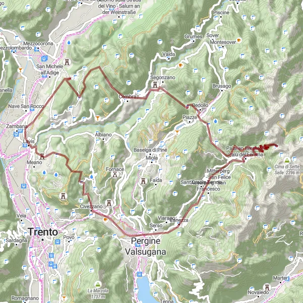 Karttaminiaatyyri "Monte Corona ja Cembra Reitti" pyöräilyinspiraatiosta alueella Provincia Autonoma di Trento, Italy. Luotu Tarmacs.app pyöräilyreittisuunnittelijalla