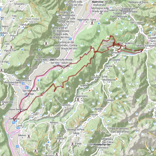 Miniaturní mapa "Gravelový okruh skrz Faedo" inspirace pro cyklisty v oblasti Provincia Autonoma di Trento, Italy. Vytvořeno pomocí plánovače tras Tarmacs.app