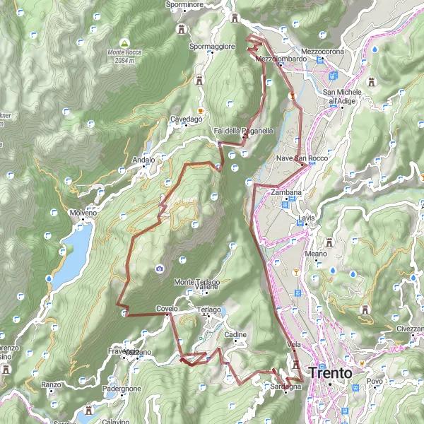 Map miniature of "Zambana - Baselga del Bondone - Monte Gazza - Passo Santel - Fai della Paganella - Monte Corno - Nave San Rocco Gravel Cycling Route" cycling inspiration in Provincia Autonoma di Trento, Italy. Generated by Tarmacs.app cycling route planner