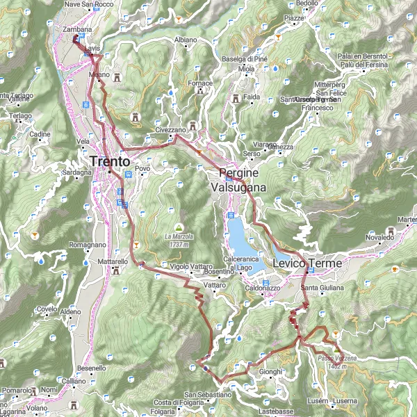 Miniatura della mappa di ispirazione al ciclismo "Giro in Mountain Bike da Zambana a Lavis" nella regione di Provincia Autonoma di Trento, Italy. Generata da Tarmacs.app, pianificatore di rotte ciclistiche