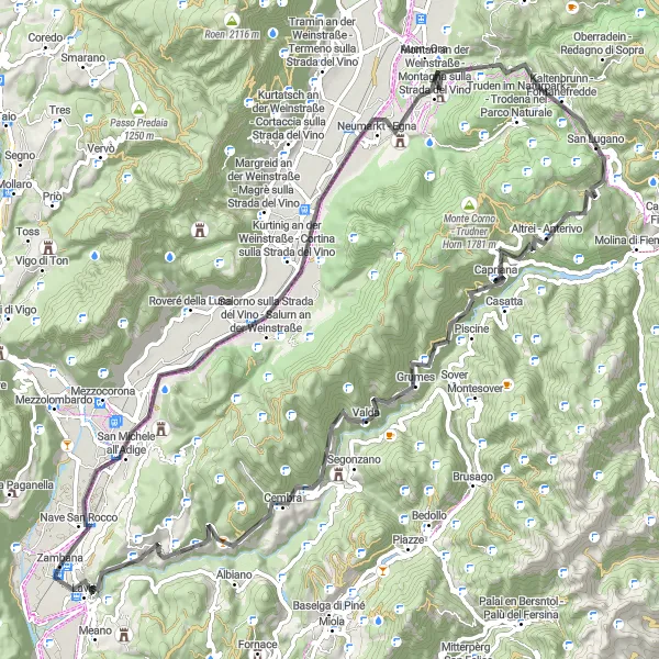 Map miniature of "Zambana - Salorno sulla Strada del Vino - Castel d'Enna - Passo di San Lugano - Capriana - Grauno - Monte Speggia - Dos Paion - Lavis Road Cycling Route" cycling inspiration in Provincia Autonoma di Trento, Italy. Generated by Tarmacs.app cycling route planner