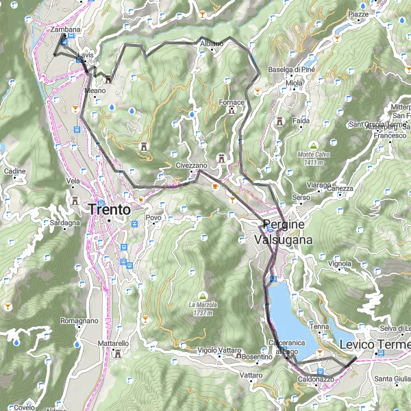 Map miniature of "Lavis and Caldago Lake Road Loop" cycling inspiration in Provincia Autonoma di Trento, Italy. Generated by Tarmacs.app cycling route planner