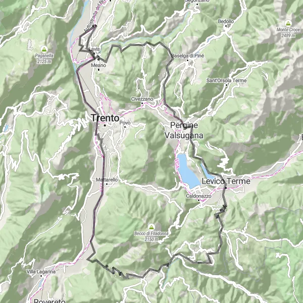 Mapa miniatúra "Výlet okolo Levico Terme" cyklistická inšpirácia v Provincia Autonoma di Trento, Italy. Vygenerované cyklistickým plánovačom trás Tarmacs.app