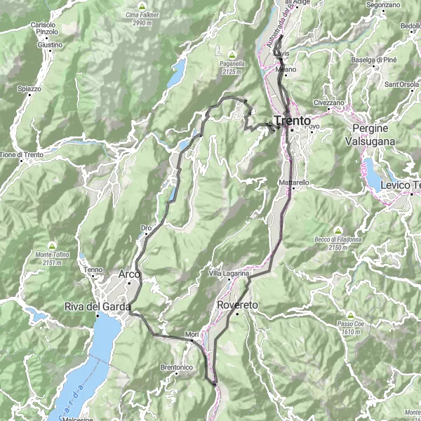 Miniaturní mapa "Kolem Zambany a okolí" inspirace pro cyklisty v oblasti Provincia Autonoma di Trento, Italy. Vytvořeno pomocí plánovače tras Tarmacs.app