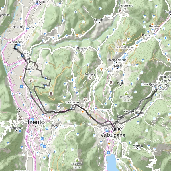 Map miniature of "Lavis and Monte Calisio Road Loop" cycling inspiration in Provincia Autonoma di Trento, Italy. Generated by Tarmacs.app cycling route planner