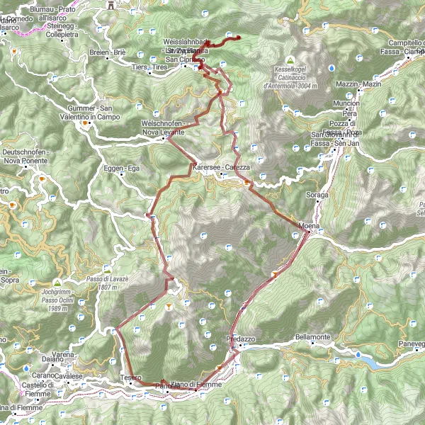 Miniature de la carte de l'inspiration cycliste "Exploration des Dolomites de Ziano di Fiemme" dans la Provincia Autonoma di Trento, Italy. Générée par le planificateur d'itinéraire cycliste Tarmacs.app