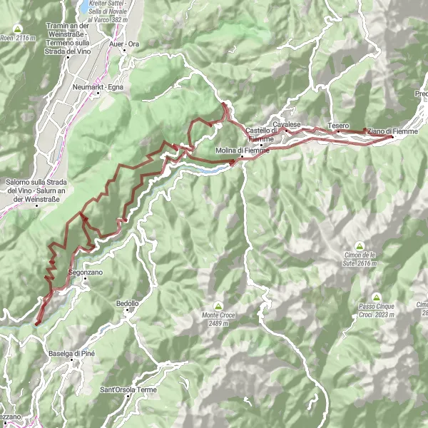 Zemljevid v pomanjšavi "Gorska avantura v osrčju Dolomitov" kolesarske inspiracije v Provincia Autonoma di Trento, Italy. Generirano z načrtovalcem kolesarskih poti Tarmacs.app