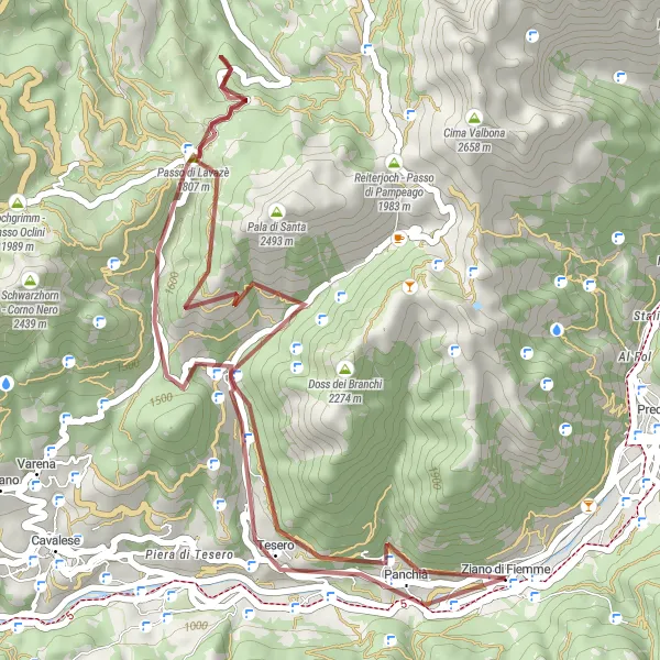 Miniatuurkaart van de fietsinspiratie "Gravelavontuur van Ziano di Fiemme naar Tesero" in Provincia Autonoma di Trento, Italy. Gemaakt door de Tarmacs.app fietsrouteplanner