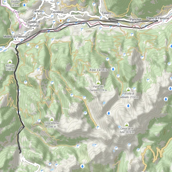 Miniature de la carte de l'inspiration cycliste "Boucle des Vallées de Ziano di Fiemme" dans la Provincia Autonoma di Trento, Italy. Générée par le planificateur d'itinéraire cycliste Tarmacs.app
