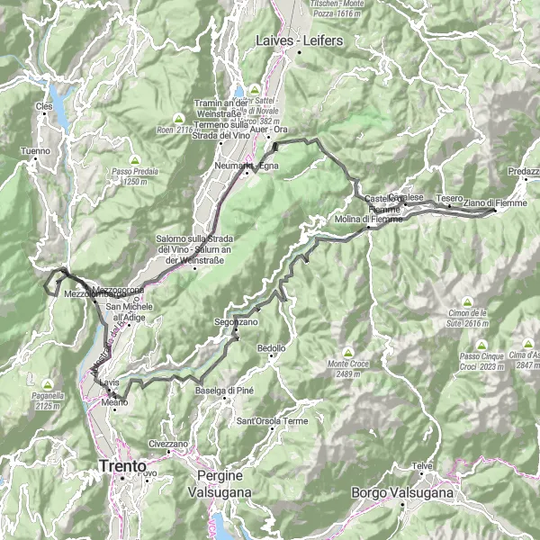 Miniature de la carte de l'inspiration cycliste "Excursion Montagne et Vignobles près de Ziano di Fiemme" dans la Provincia Autonoma di Trento, Italy. Générée par le planificateur d'itinéraire cycliste Tarmacs.app