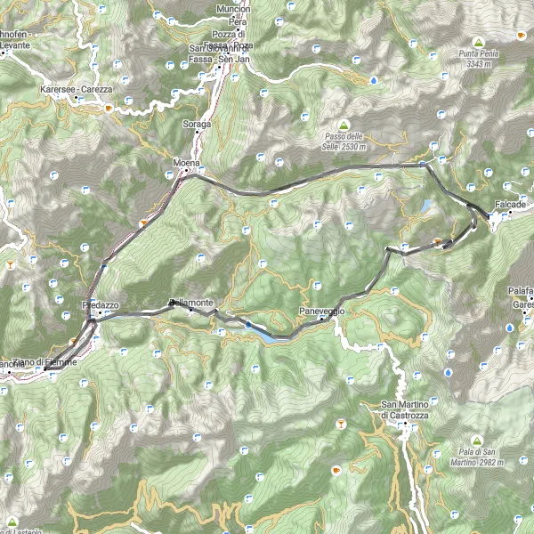 Kartminiatyr av "Rundtur till Passo Valles och Paneveggio" cykelinspiration i Provincia Autonoma di Trento, Italy. Genererad av Tarmacs.app cykelruttplanerare