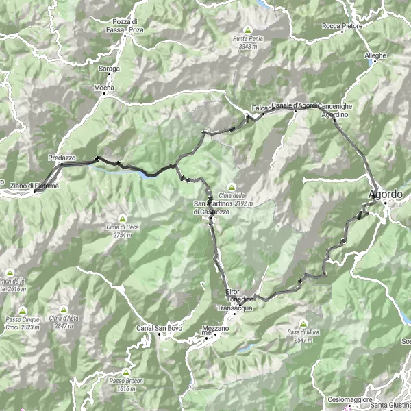 Miniatua del mapa de inspiración ciclista "Ruta de Carretera de 131 km cerca de Ziano di Fiemme" en Provincia Autonoma di Trento, Italy. Generado por Tarmacs.app planificador de rutas ciclistas