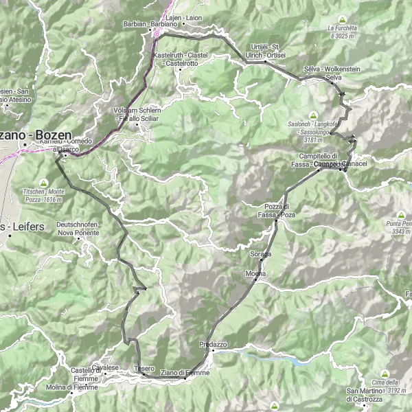 Kartminiatyr av "Vackert Dolomiterna Road Tour" cykelinspiration i Provincia Autonoma di Trento, Italy. Genererad av Tarmacs.app cykelruttplanerare