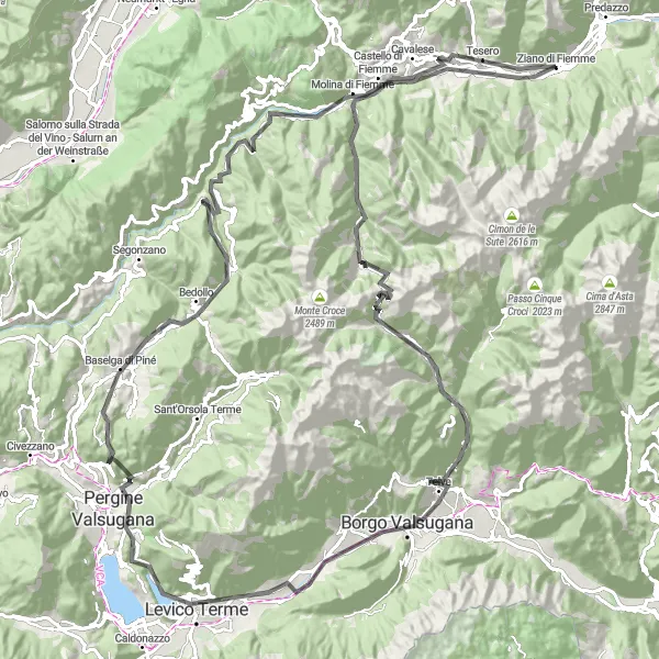 Karttaminiaatyyri "Ympyräreitti Ziano di Fiemmestä - Road" pyöräilyinspiraatiosta alueella Provincia Autonoma di Trento, Italy. Luotu Tarmacs.app pyöräilyreittisuunnittelijalla