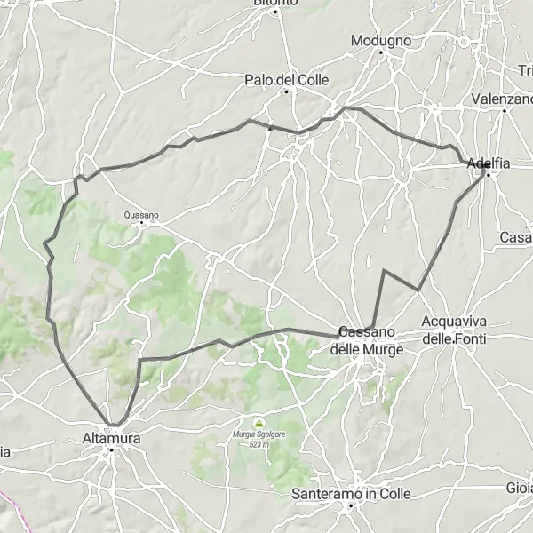 Miniatura della mappa di ispirazione al ciclismo "Giro in bicicletta attraverso Cassano delle Murge e Altamura" nella regione di Puglia, Italy. Generata da Tarmacs.app, pianificatore di rotte ciclistiche