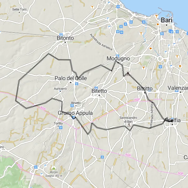 Miniatura della mappa di ispirazione al ciclismo "Giro ciclistico tra Sannicandro di Bari e Bitritto" nella regione di Puglia, Italy. Generata da Tarmacs.app, pianificatore di rotte ciclistiche