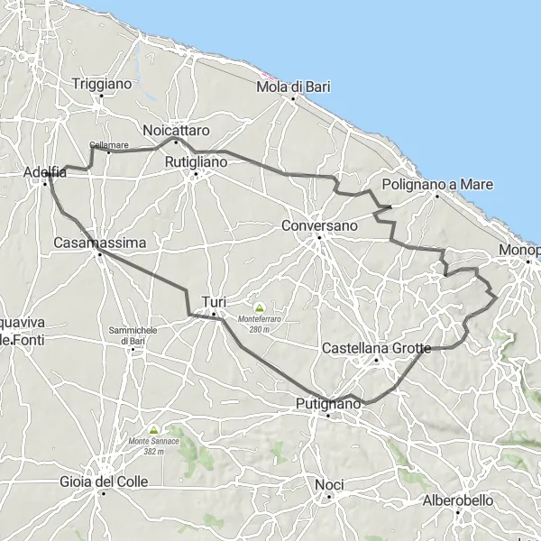 Miniatura della mappa di ispirazione al ciclismo "Tour delle Colline Adelfiesi" nella regione di Puglia, Italy. Generata da Tarmacs.app, pianificatore di rotte ciclistiche