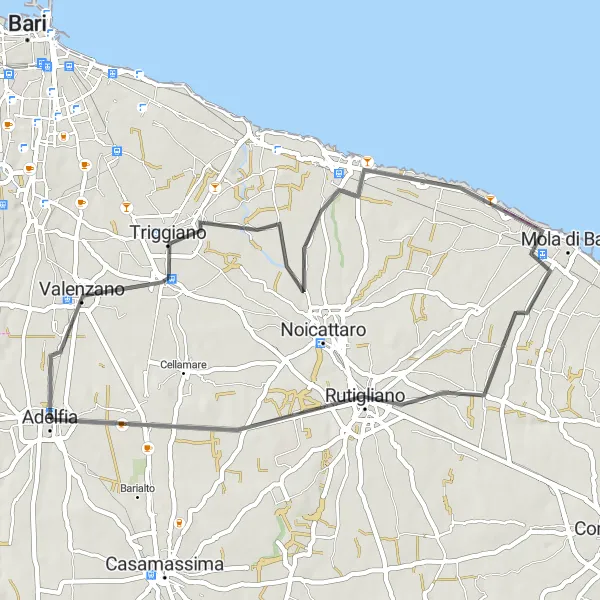 Miniatura della mappa di ispirazione al ciclismo "Tra Triggiano e Rutigliano" nella regione di Puglia, Italy. Generata da Tarmacs.app, pianificatore di rotte ciclistiche