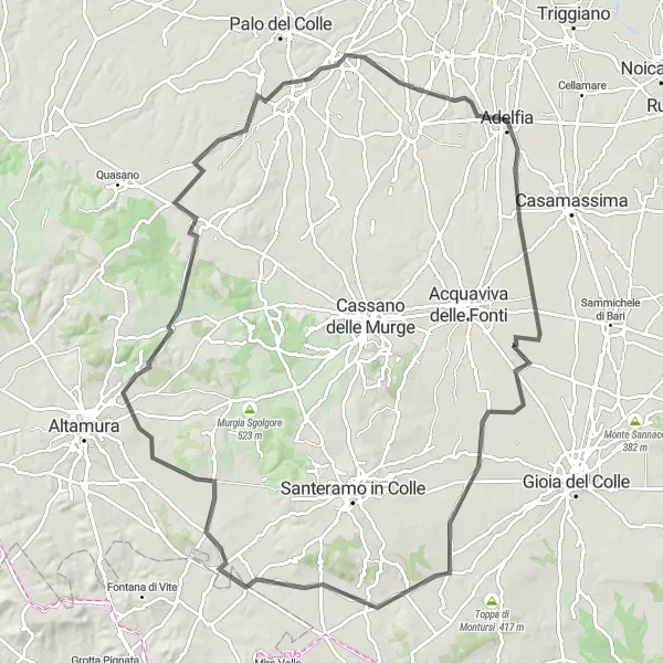 Miniatura della mappa di ispirazione al ciclismo "Tour ciclistico tra Casal Sabini e Adelfia" nella regione di Puglia, Italy. Generata da Tarmacs.app, pianificatore di rotte ciclistiche