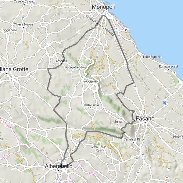 Map miniature of "Belvedere Santa Lucia Loop" cycling inspiration in Puglia, Italy. Generated by Tarmacs.app cycling route planner