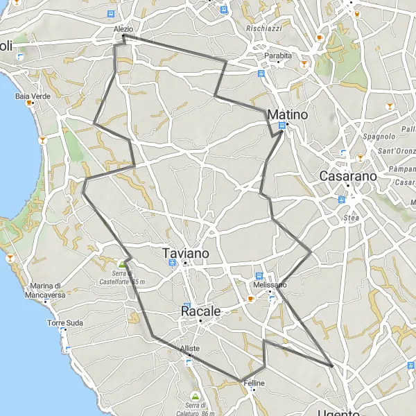 Miniatura della mappa di ispirazione al ciclismo "Tour panoramico tra Alezio e Matino" nella regione di Puglia, Italy. Generata da Tarmacs.app, pianificatore di rotte ciclistiche