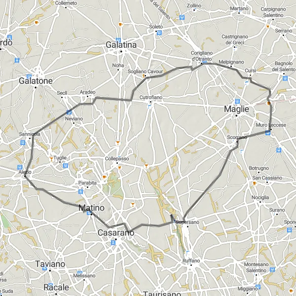 Map miniature of "Historic Towns and Natural Splendors" cycling inspiration in Puglia, Italy. Generated by Tarmacs.app cycling route planner