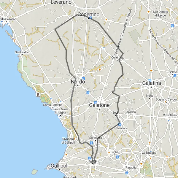Miniatura della mappa di ispirazione al ciclismo "Tra Nardò e Sannicola" nella regione di Puglia, Italy. Generata da Tarmacs.app, pianificatore di rotte ciclistiche