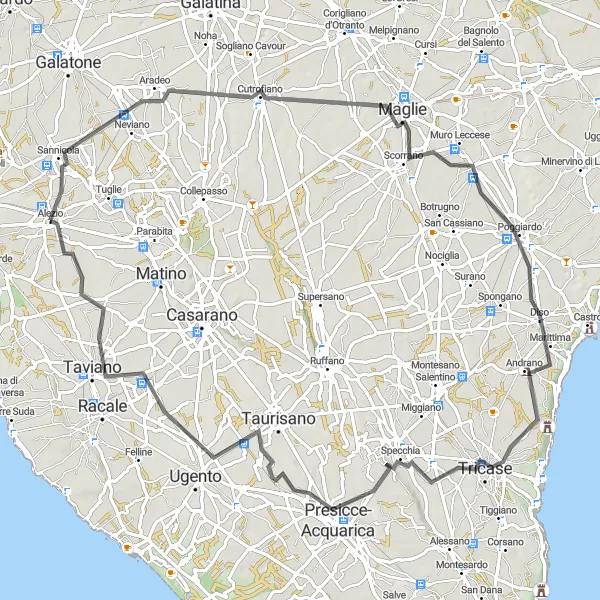 Miniatura della mappa di ispirazione al ciclismo "Avventura ciclistica tra Sannicola e Melissano" nella regione di Puglia, Italy. Generata da Tarmacs.app, pianificatore di rotte ciclistiche