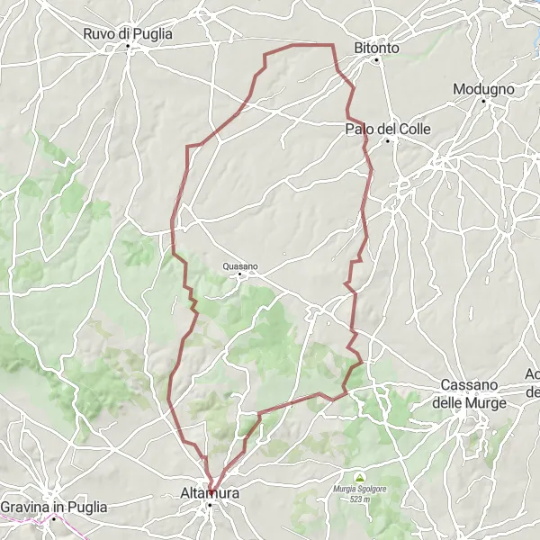 Miniatura della mappa di ispirazione al ciclismo "Giro in Gravel tra Altamura e Grotta di Lamalunga" nella regione di Puglia, Italy. Generata da Tarmacs.app, pianificatore di rotte ciclistiche