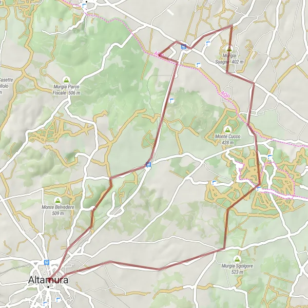 Miniatura della mappa di ispirazione al ciclismo "Giro in Gravel tra Altamura e Murgia Suagna" nella regione di Puglia, Italy. Generata da Tarmacs.app, pianificatore di rotte ciclistiche