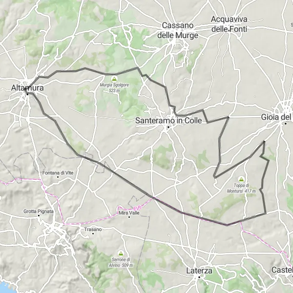Miniatura della mappa di ispirazione al ciclismo "Tour su Strada da Altamura a Montursi" nella regione di Puglia, Italy. Generata da Tarmacs.app, pianificatore di rotte ciclistiche