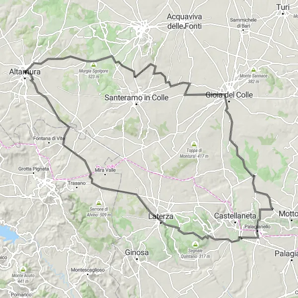 Miniatura della mappa di ispirazione al ciclismo "Tour su Strada da Altamura a Laterza con Vista su Cozzo Bolzanello" nella regione di Puglia, Italy. Generata da Tarmacs.app, pianificatore di rotte ciclistiche