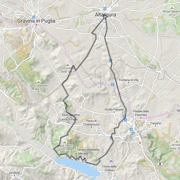 Miniatura della mappa di ispirazione al ciclismo "Il Circuito del Monte Timbro" nella regione di Puglia, Italy. Generata da Tarmacs.app, pianificatore di rotte ciclistiche
