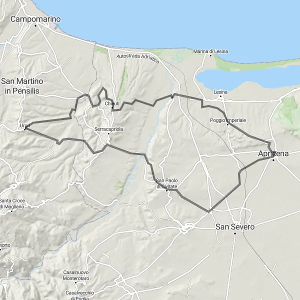 Miniatura della mappa di ispirazione al ciclismo "Giro in bicicletta attraverso il Gargano" nella regione di Puglia, Italy. Generata da Tarmacs.app, pianificatore di rotte ciclistiche