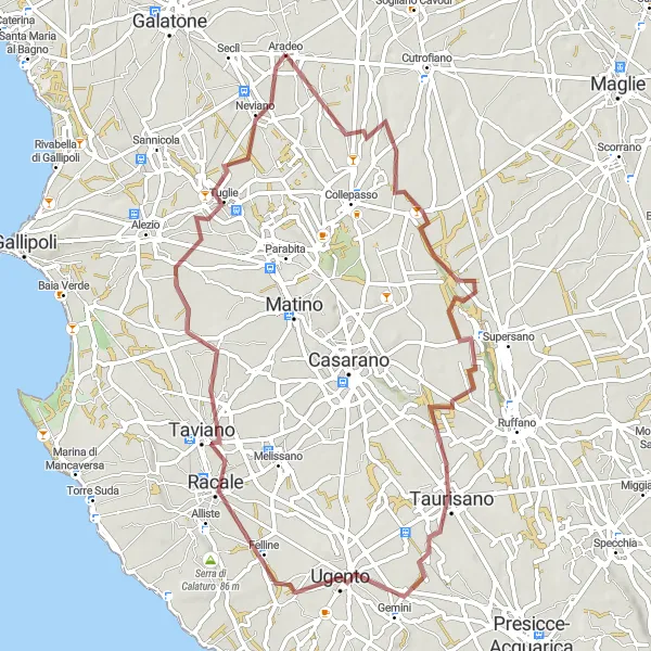 Map miniature of "Aradeo to Neviano Gravel Adventure" cycling inspiration in Puglia, Italy. Generated by Tarmacs.app cycling route planner