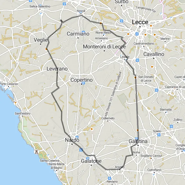 Map miniature of "Aradeo to Nardò Circular Road Route" cycling inspiration in Puglia, Italy. Generated by Tarmacs.app cycling route planner