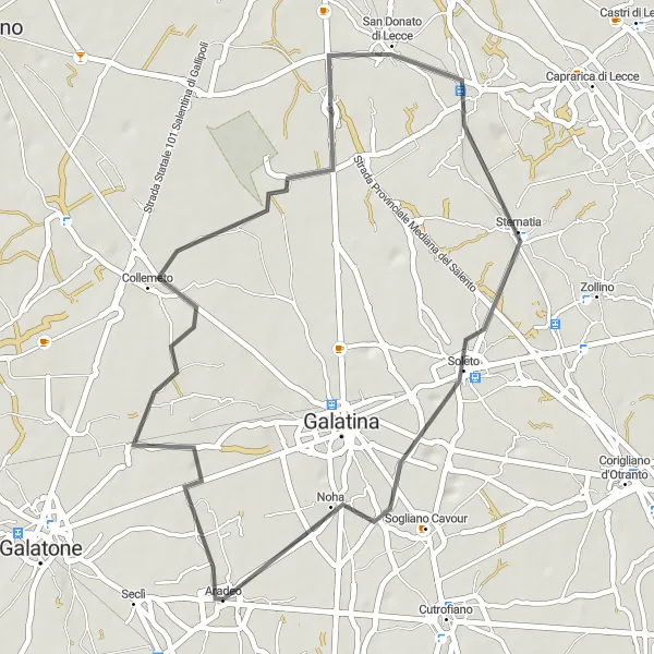 Map miniature of "Collemeto to Aradeo Scenic Road Route" cycling inspiration in Puglia, Italy. Generated by Tarmacs.app cycling route planner