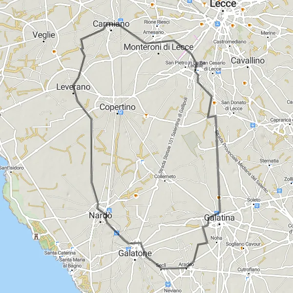 Map miniature of "Galatone to Galatina Circular Road Route" cycling inspiration in Puglia, Italy. Generated by Tarmacs.app cycling route planner