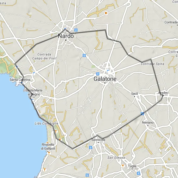 Miniatura della mappa di ispirazione al ciclismo "Passeggiata in bicicletta tra Nardò e Chiesanuova" nella regione di Puglia, Italy. Generata da Tarmacs.app, pianificatore di rotte ciclistiche